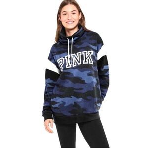 PINK Blue Camo Womens Sherpa Cowl Neck Pullover Sweatshirt Size XS